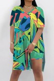 Black White Gradient Casual Stripe Colorblock Print Slit V Neck Short Sleeve T-shirt and Shorts Two Pieces Matching Sets