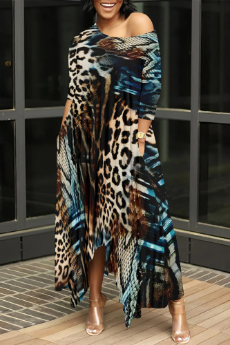 Leopard Print Casual Striped Print Oblique Collar Three Quarter Pocket Irregular Hem Casual Outing Baggy Maxi Dress