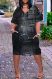 Multicolor Casual Graphic Print V Neck Short Sleeve Casual Outing Straight Loose T Shirt Midi Dress