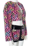 Colour Casual Leopard Print Cardigan Collar Long Sleeve Pocket Cheetah Glitter Plush Fur Jacket And Shorts Two Piece Shorts Sets