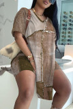 Blue Apricot Casual Abstract Colorblock Print Slit V Neck Long Sleeve T-shirt and Skinny Shorts Two Pieces Matching Sets