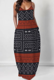 Black Brown Casual Geometric Print Backless Spaghetti Strap Floor Length Vacation Baggy Sundress Slip Maxi Dress