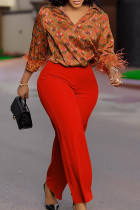 Tangerine Red Casual Floral Print Feathers Decor V Neck Long Sleeve Blouse And Straight Leg Pants Formal Office Lady Two Pieces Trouser Sets