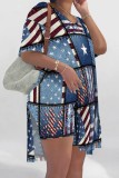 Blue Apricot Casual Abstract Colorblock Print Slit V Neck Long Sleeve T-shirt and Skinny Shorts Two Pieces Matching Sets