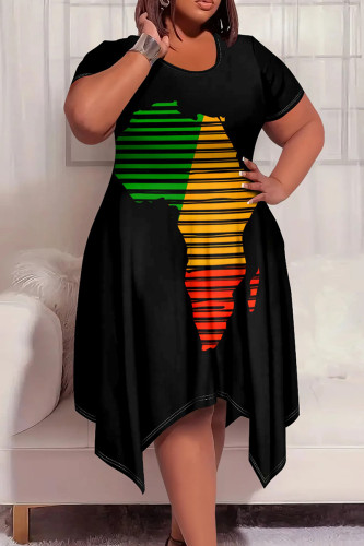 Black Casual Graphics Print Pocket O Neck Short Sleeve Irregular Hem Plus Size Midi T-shirt Dresses