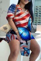 Blue Red Casual Abstract Butterfly Print Slit V Neck Long Sleeve T-shirt and Skinny Shorts Two Pieces Matching Sets