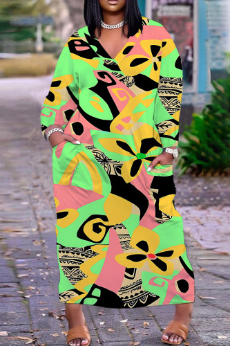 Green Casual Graphic Leaf Print V Neck Long Sleeve Loose Fit Casual Outing Straight Loose Maxi Dress