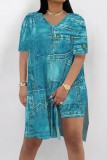 Blue Apricot Casual Abstract Colorblock Print Slit V Neck Long Sleeve T-shirt and Skinny Shorts Two Pieces Matching Sets