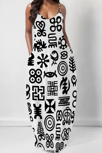 White Black Casual Geometric Print Backless Spaghetti Strap Floor Length Vacation Baggy Sundress Slip Maxi Dress