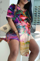 Multicolor Casual Abstract Butterfly Print Slit V Neck Long Sleeve T-shirt and Skinny Shorts Two Pieces Matching Sets