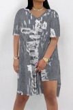 Blue Apricot Casual Abstract Colorblock Print Slit V Neck Long Sleeve T-shirt and Skinny Shorts Two Pieces Matching Sets