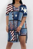 Blue Apricot Casual Abstract Colorblock Print Slit V Neck Long Sleeve T-shirt and Skinny Shorts Two Pieces Matching Sets