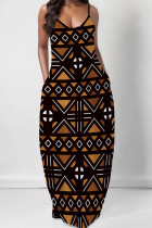 Black Brown Casual Geometric Print Backless Spaghetti Strap Floor Length Vacation Baggy Sundress Slip Maxi Dress