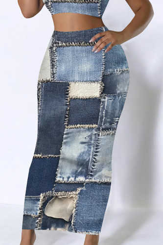 Gray Blue Casual Graphics Print Mid Waist Maxi Skirt