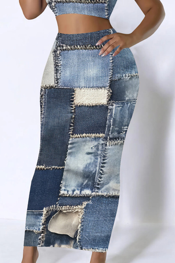 Gray Blue Casual Graphics Print Mid Waist Maxi Skirt
