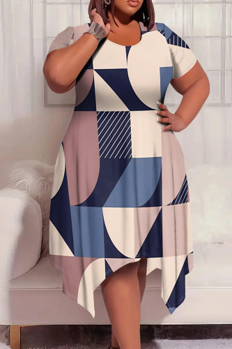 Tibetan Blue Casual Boho Graphics Print Pocket O Neck Short Sleeve Irregular Hem Plus Size Midi T-shirt Dresses