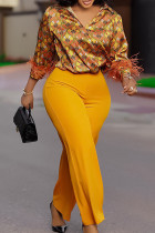 Yellow Casual Floral Print Feathers Decor V Neck Long Sleeve Blouse And Straight Leg Pants Formal Office Lady Two Pieces Trouser Sets