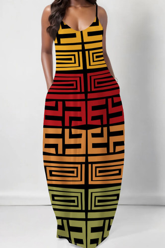 Yellow Red Casual Geometric Print Backless Spaghetti Strap Floor Length Vacation Baggy Sundress Slip Maxi Dress