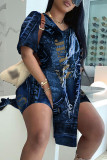Blue Apricot Casual Abstract Colorblock Print Slit V Neck Long Sleeve T-shirt and Skinny Shorts Two Pieces Matching Sets