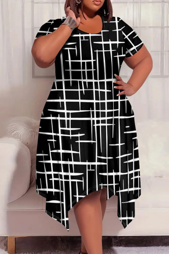 Black And White Casual Boho Graphics Print Pocket O Neck Short Sleeve Irregular Hem Plus Size Midi T-shirt Dresses