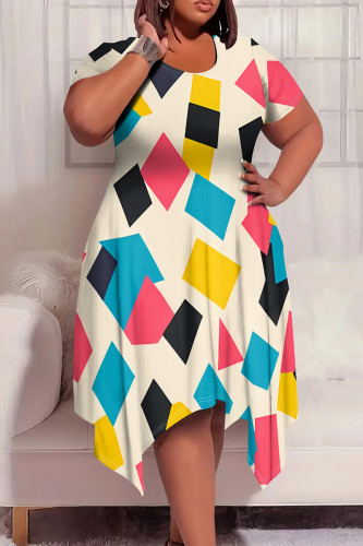 Light Khaki Casual Boho Graphics Print Pocket O Neck Short Sleeve Irregular Hem Plus Size Midi T-shirt Dresses