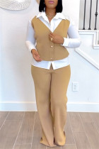 Brown POLO collar Long Sleeve Buttons Blouse And Straight Leg Pants Formal Office Lady Two Pieces Trouser Sets