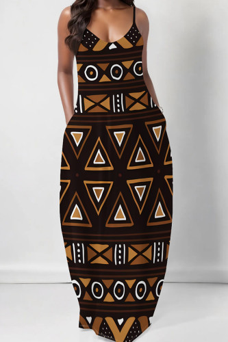 Brown Casual Geometric Print Backless Spaghetti Strap Floor Length Vacation Baggy Sundress Slip Maxi Dress