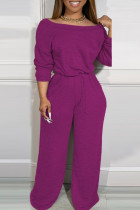 Fuchsia Casual Off Shoulder Long Sleeve Pocket Loose Sportwear Wide Leg Jumpsuits