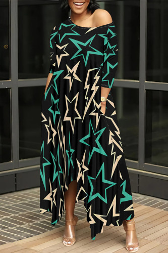 Green Casual Striped Print Oblique Collar Three Quarter Pocket Irregular Hem Casual Outing Baggy Maxi Dress