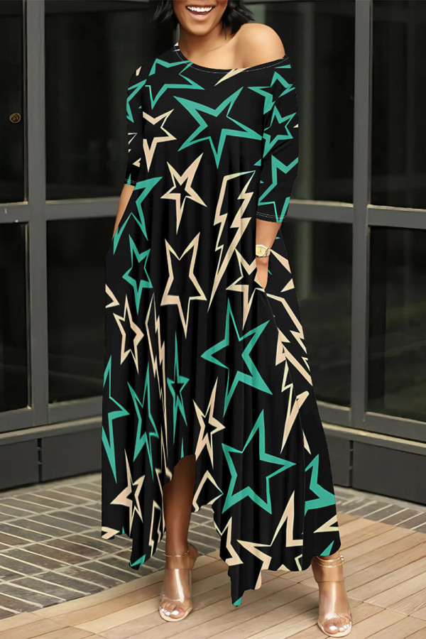 Green Casual Striped Print Oblique Collar Three Quarter Pocket Irregular Hem Casual Outing Baggy Maxi Dress