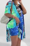 Blue Apricot Casual Abstract Colorblock Print Slit V Neck Long Sleeve T-shirt and Skinny Shorts Two Pieces Matching Sets