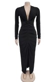 Burgundy Casual Deep V Neck Long Sleeve Front Slit Ruched Formal Evening Party Bodycon Maxi Dresses