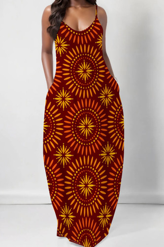 Burgundy Casual Geometric Print Backless Spaghetti Strap Floor Length Vacation Baggy Sundress Slip Maxi Dress