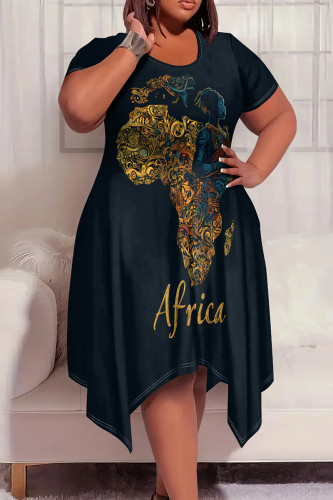 Tibetan Blue Casual Graphics Print Pocket O Neck Short Sleeve Irregular Hem Plus Size Midi T-shirt Dresses