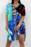 Blue Apricot Casual Abstract Colorblock Print Slit V Neck Long Sleeve T-shirt and Skinny Shorts Two Pieces Matching Sets