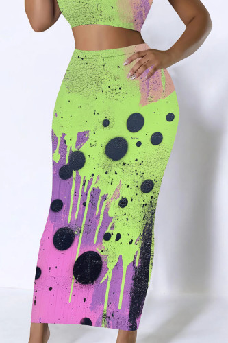 Green Purple Casual Graphics Print Mid Waist Maxi Skirt