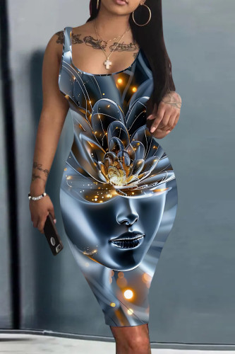 Grey Casual Graphics Print U Neck Sleeveless Vacation Bodycon Midi Tank Dress