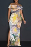 Multicolor Casual Graphics Print Off Shoulder Short Sleeve Floor Length Casual Outing Vacation Bodycon Maxi Dress