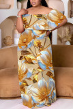 Black And White Casual Floral Print Off Shoulder Drap Sleeve Patchwork Floor Length Casual Outing Plus Size Vacation Loose Fit Straight Maxi Dress
