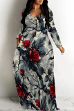 Red Casual Plaid Geometric Flowers Print V Neck Long Sleeve Floor Length Fall Vacation Straight Loose Maxi Dress