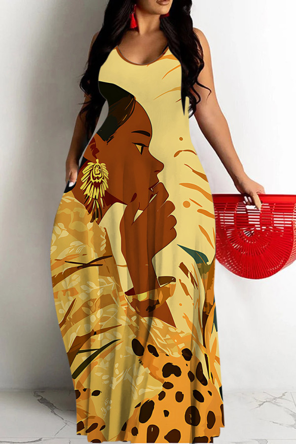 Yellow Casual Graphics Print Backless Spaghetti Strap Floor Length Vacation Baggy Sundress Slip Maxi Dress