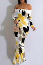 White Floral Print Off Shoulder Long Flutter Sleeve Mermaid Hem Vacation Boho Style Maxi Dresse