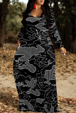 Red Casual Plaid Geometric Flowers Print V Neck Long Sleeve Floor Length Fall Vacation Straight Loose Maxi Dress