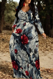Red Casual Plaid Geometric Flowers Print V Neck Long Sleeve Floor Length Fall Vacation Straight Loose Maxi Dress