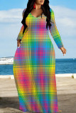 Red Casual Plaid Geometric Flowers Print V Neck Long Sleeve Floor Length Fall Vacation Straight Loose Maxi Dress