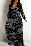 Red Casual Plaid Geometric Flowers Print V Neck Long Sleeve Floor Length Fall Vacation Straight Loose Maxi Dress