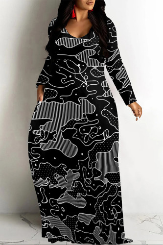 Black Casual Plaid Geometric Flowers Print V Neck Long Sleeve Floor Length Fall Vacation Straight Loose Maxi Dress