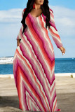Red Casual Plaid Geometric Flowers Print V Neck Long Sleeve Floor Length Fall Vacation Straight Loose Maxi Dress