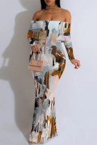Multicolor Floral Print Off Shoulder Long Flutter Sleeve Mermaid Hem Vacation Boho Style Maxi Dresse