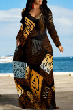 Red Casual Plaid Geometric Flowers Print V Neck Long Sleeve Floor Length Fall Vacation Straight Loose Maxi Dress